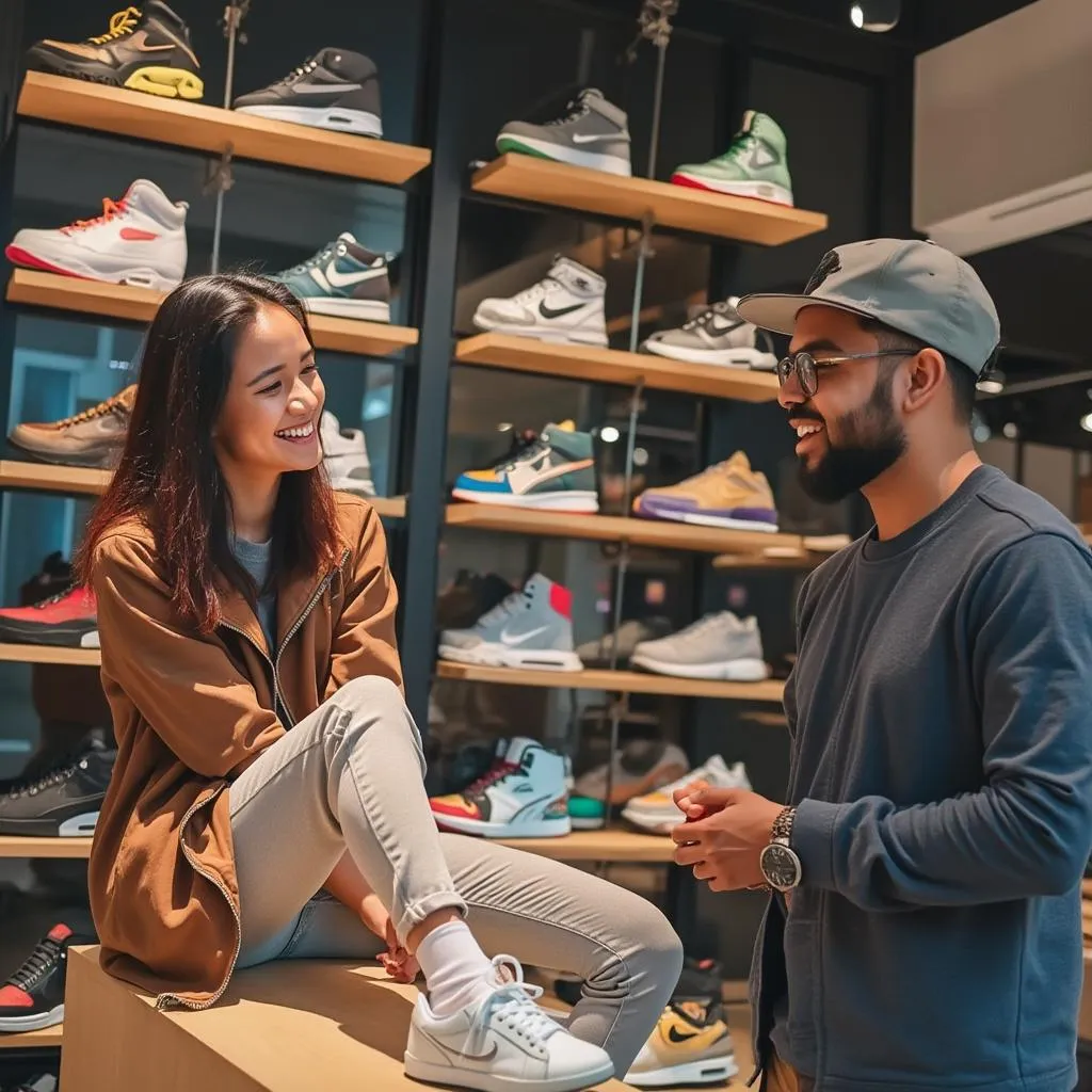 Cliente feliz probándose zapatillas en tienda
